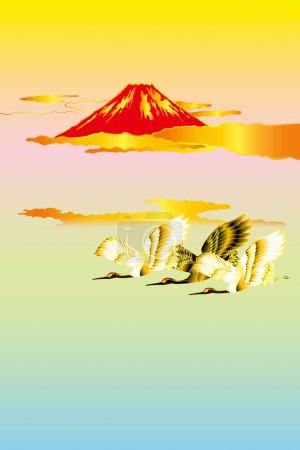 Téléchargez les photos : Illustration stylisée ethnique japonaise avec montagne fuji et grues - en image libre de droit