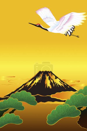 Foto de Japonés étnico estilizado ilustración con fuji montaña y grúa - Imagen libre de derechos