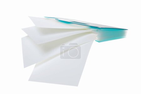 Foto de Carpeta de plástico azul con papeles sobre fondo blanco - Imagen libre de derechos