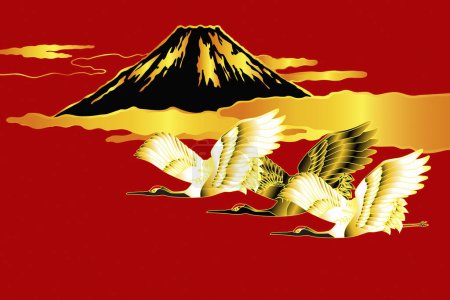 Téléchargez les photos : Illustration stylisée ethnique japonaise avec montagne fuji et grues - en image libre de droit