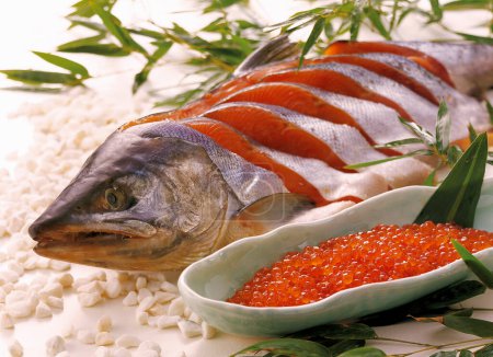 Foto de Caviar rojo en plato y pescado crudo - Imagen libre de derechos