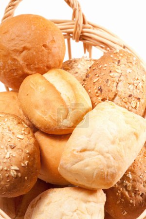 Photo for Basket of fresh bread on white background, closeup - Royalty Free Image