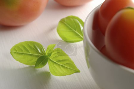 Foto de Un tazón de tomates y unas hojas de albahaca - Imagen libre de derechos