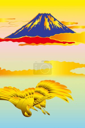 Téléchargez les photos : Illustration stylisée ethnique japonaise avec fuji montagne et grue - en image libre de droit