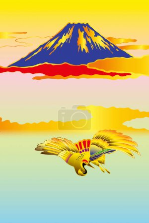 Téléchargez les photos : Illustration stylisée ethnique japonaise avec fuji montagne et grue - en image libre de droit