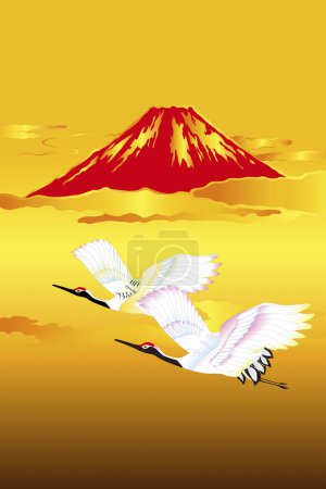 Foto de Japonés étnico estilizado ilustración con fuji montaña y grúas - Imagen libre de derechos