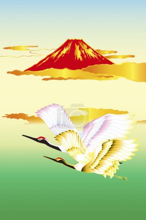 japoński etniczny stylizowany ilustracja z fuji góra i żurawie
