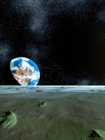 Photo for 2d creative illustration of beautiful sci fi space planet landscape with earth on background - Royalty Free Image
