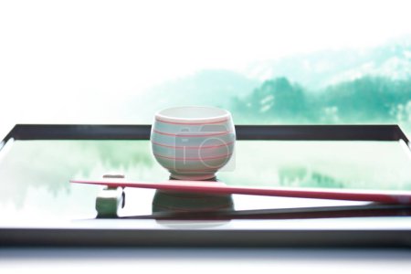 Photo for Tea ceremony on wooden table. - Royalty Free Image