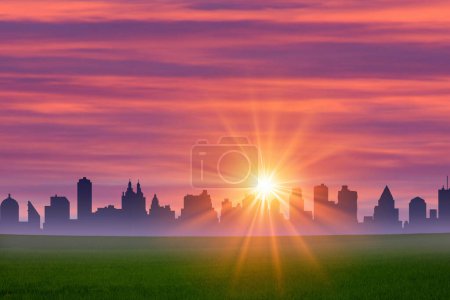 Foto de Ilustración del horizonte de la ciudad contra el cielo del atardecer - Imagen libre de derechos
