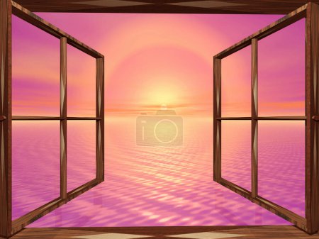 Foto de 3d renderizado fondo de ventana abierta con cielo nublado y puesta de sol - Imagen libre de derechos