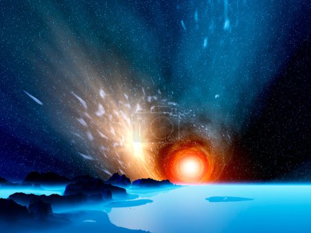 Foto de 2d ilustración creativa del hermoso fondo espacial de ciencia ficción con el cometa volando por - Imagen libre de derechos