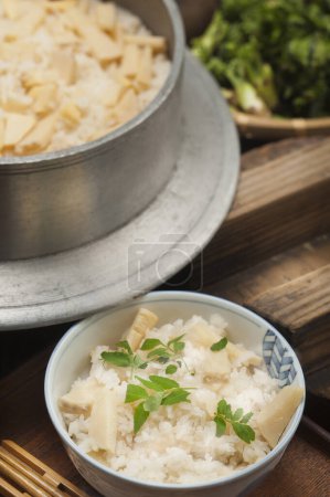 Photo for Tasty Japanese cuisine, Cooked rice with bamboo shoots - Royalty Free Image