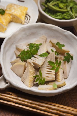 Photo for Tasty Japanese cuisine, Cooked rice with bamboo shoots - Royalty Free Image
