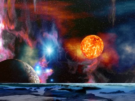 Téléchargez les photos : Illustration créative 2d de beau fond d'espace de science-fiction avec soleil rouge dans le ciel - en image libre de droit