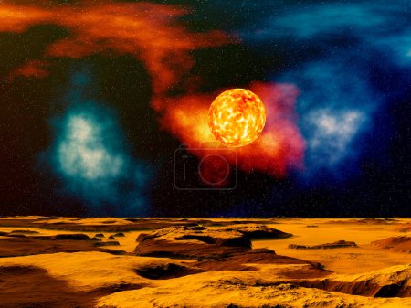 Photo for 2d creative illustration of beautiful sci fi space background with red sun in sky - Royalty Free Image