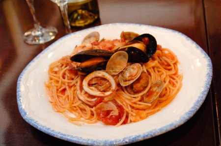 Photo for Pasta with seafood and sauce - Royalty Free Image