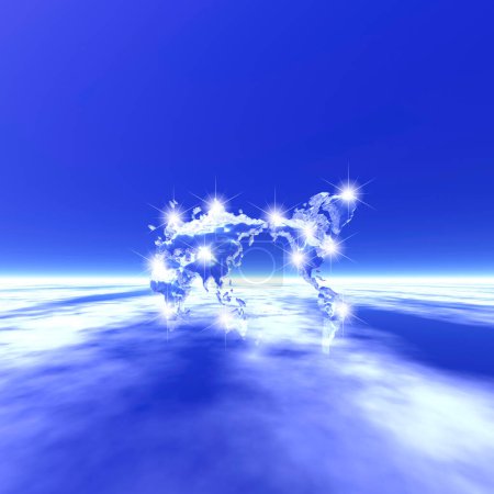 Téléchargez les photos : Ciel bleu avec des nuages et une carte du monde dessus - en image libre de droit
