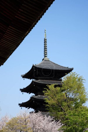 Foto de La pagoda de cinco pisos (gojunoto) de To-ji en un día soleado. La pagoda original fue construida en el siglo IX y fue reconstruida por orden Se encuentra a 54,8 metros (180 pies) de altura en Kyoto, JAPÓN - Imagen libre de derechos