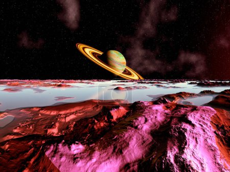 Téléchargez les photos : Illustration créative 2d de beaux paysages de planète spatiale de science-fiction avec Saturne en arrière-plan - en image libre de droit