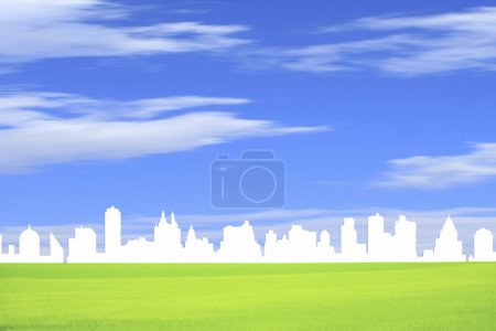 Téléchargez les photos : Illustration de l'horizon de la ville contre le ciel bleu - en image libre de droit