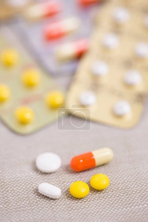 Photo for Medical pills on the table background, close up - Royalty Free Image