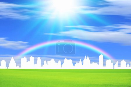 Foto de Ilustración del horizonte de la ciudad contra el cielo azul - Imagen libre de derechos