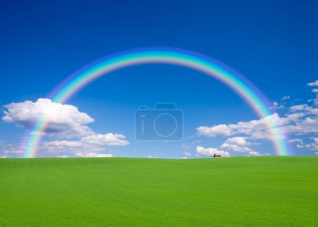 Téléchargez les photos : Arc-en-ciel sur le champ vert - en image libre de droit