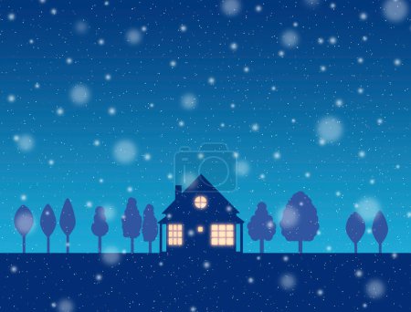 Foto de Noche invierno paisaje con casa y árboles durante las nevadas, ilustración - Imagen libre de derechos