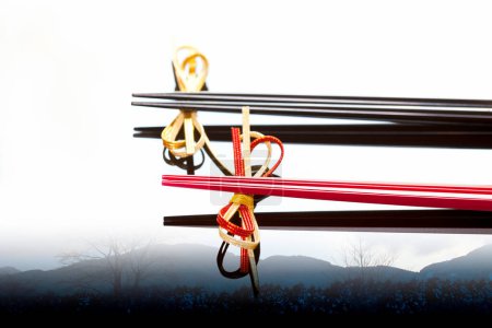 Photo for Close up view of chopsticks placed on bows - Royalty Free Image