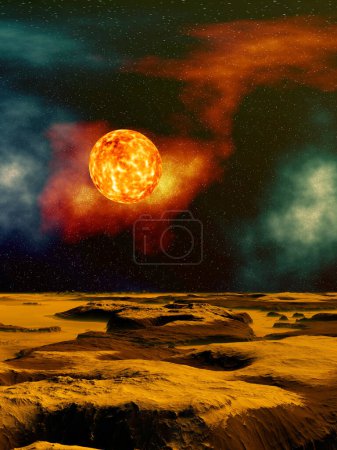 Téléchargez les photos : Illustration créative 2d de beau fond d'espace de science-fiction avec soleil rouge dans le ciel - en image libre de droit