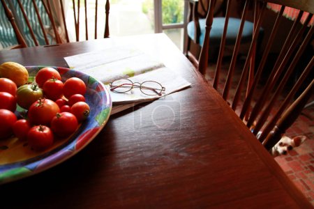 Téléchargez les photos : Tomates rouges fraîches sur une assiette et des lunettes - en image libre de droit