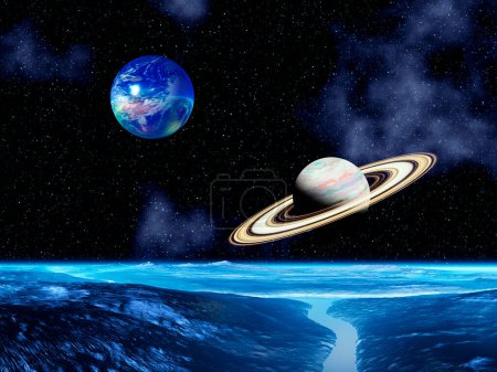 Téléchargez les photos : Illustration créative 2d de beaux paysages de planète spatiale de science-fiction avec Saturne en arrière-plan - en image libre de droit
