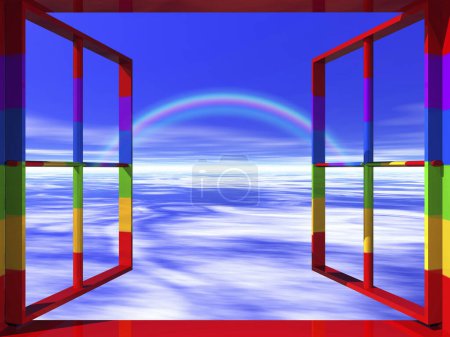 Foto de 3d renderizado fondo de ventana abierta con cielo nublado y arco iris - Imagen libre de derechos
