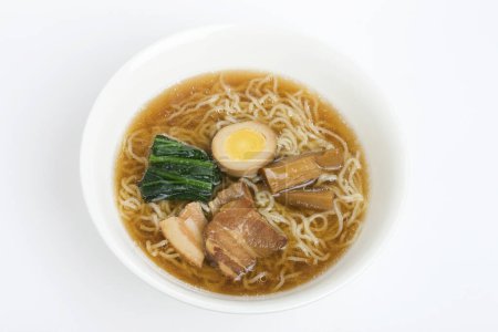 Photo for Ramen soup with meat, noodles, spinach and soft egg - Royalty Free Image
