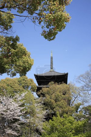 Foto de La pagoda de cinco pisos (gojunoto) de To-ji en un día soleado. La pagoda original fue construida en el siglo IX y fue reconstruida por orden Se encuentra a 54,8 metros (180 pies) de altura en Kyoto, JAPÓN - Imagen libre de derechos