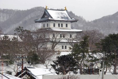 Szenische Aufnahme des alten japanischen Tempels im schneebedeckten Hokkaido, Japan