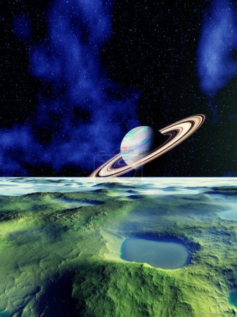 Photo for 2d creative illustration of beautiful sci fi space planet landscape with Saturn on background - Royalty Free Image