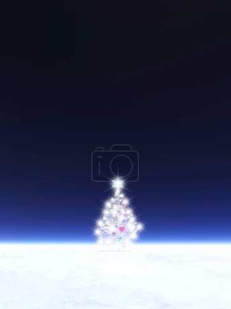 Téléchargez les photos : Magnifique arbre de Noël sur planète enneigée et ciel nocturne - en image libre de droit