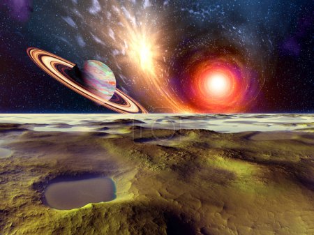 Photo for 2d creative illustration of beautiful sci fi space planet landscape with Saturn on background - Royalty Free Image