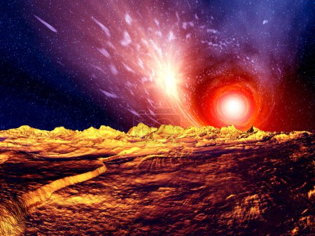 Téléchargez les photos : Illustration créative 2d de beau fond d'espace de science-fiction avec comète volant par - en image libre de droit