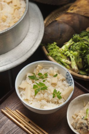 Photo for Japanese Cooked rice  meal with bamboo shoots - Royalty Free Image