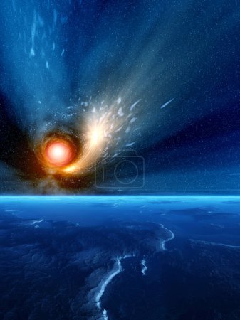 Téléchargez les photos : Illustration créative 2d de beau fond d'espace de science-fiction avec comète volant par - en image libre de droit
