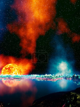 Photo for 2d creative illustration of beautiful sci fi space background with red sun in sky - Royalty Free Image