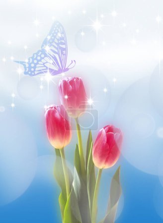 Téléchargez les photos : Illustration de belles tulipes roses et papillon - en image libre de droit
