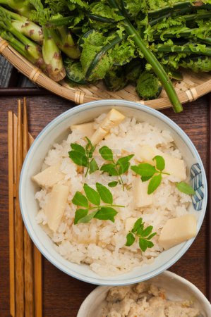  Japanese Cooked rice  meal with bamboo shoots 