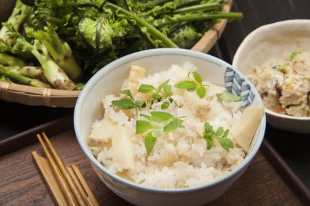 Photo for Delicious Japanese Cooked rice   with bamboo shoots - Royalty Free Image