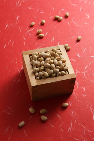 beans for mame-maki (bean-throwing) on table. Image of Setsubun, japanese traditional event