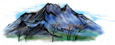 Photo for Hand drawn landscape of mountain peaks, watercolor painting - Royalty Free Image