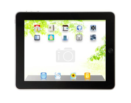 Foto de Vista de primer plano de la tableta moderna en aislado sobre fondo blanco - Imagen libre de derechos